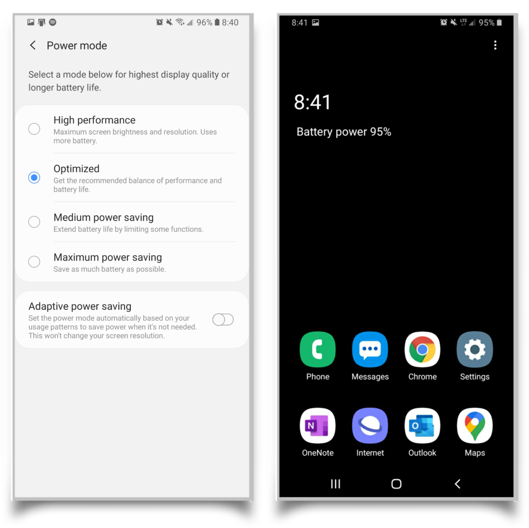 A pair of screenshots showing that you can turn on battery saving mode. The right side shows an example of the Samsung maximum battery saving mode home screen, which is dark to save power. 