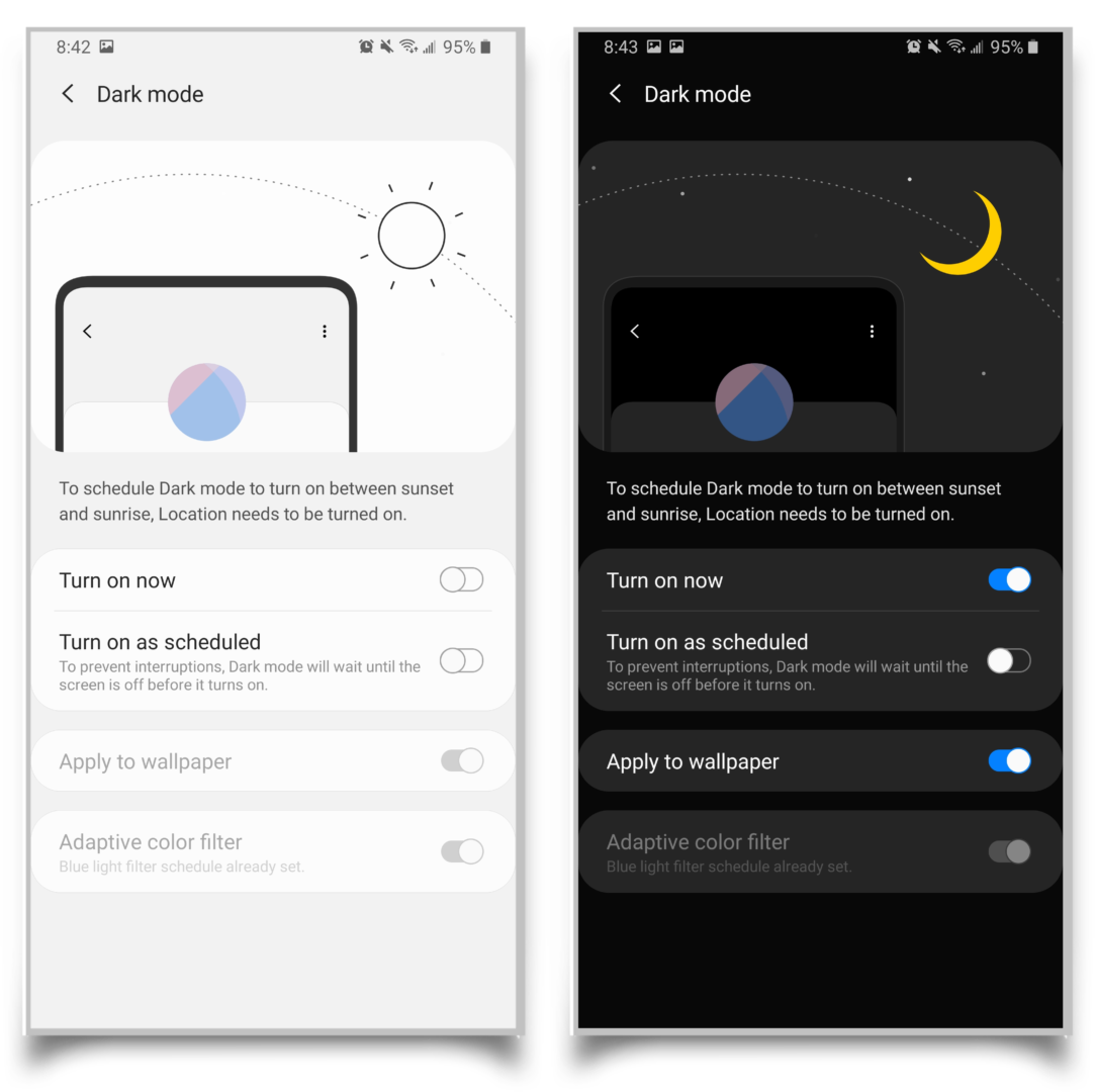 A pair of screenshots showing the difference between light mode and dark mode.