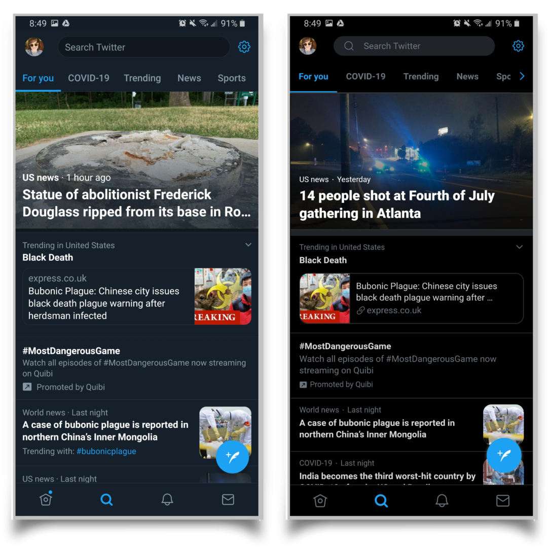 A pair of screenshots showing that the Twitter app and the Twitter website look almost exactly the same on mobile .