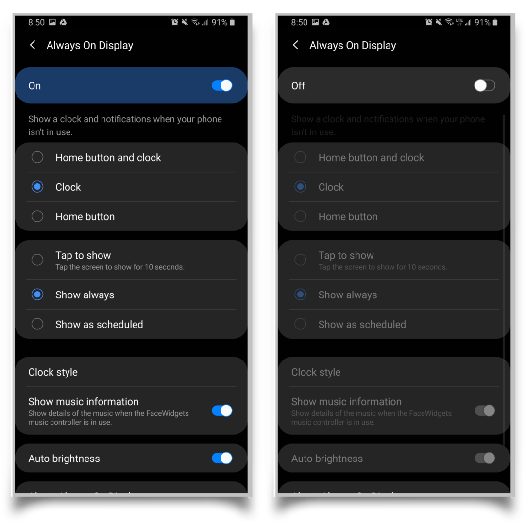 A pair of screenshots showing always on display settings