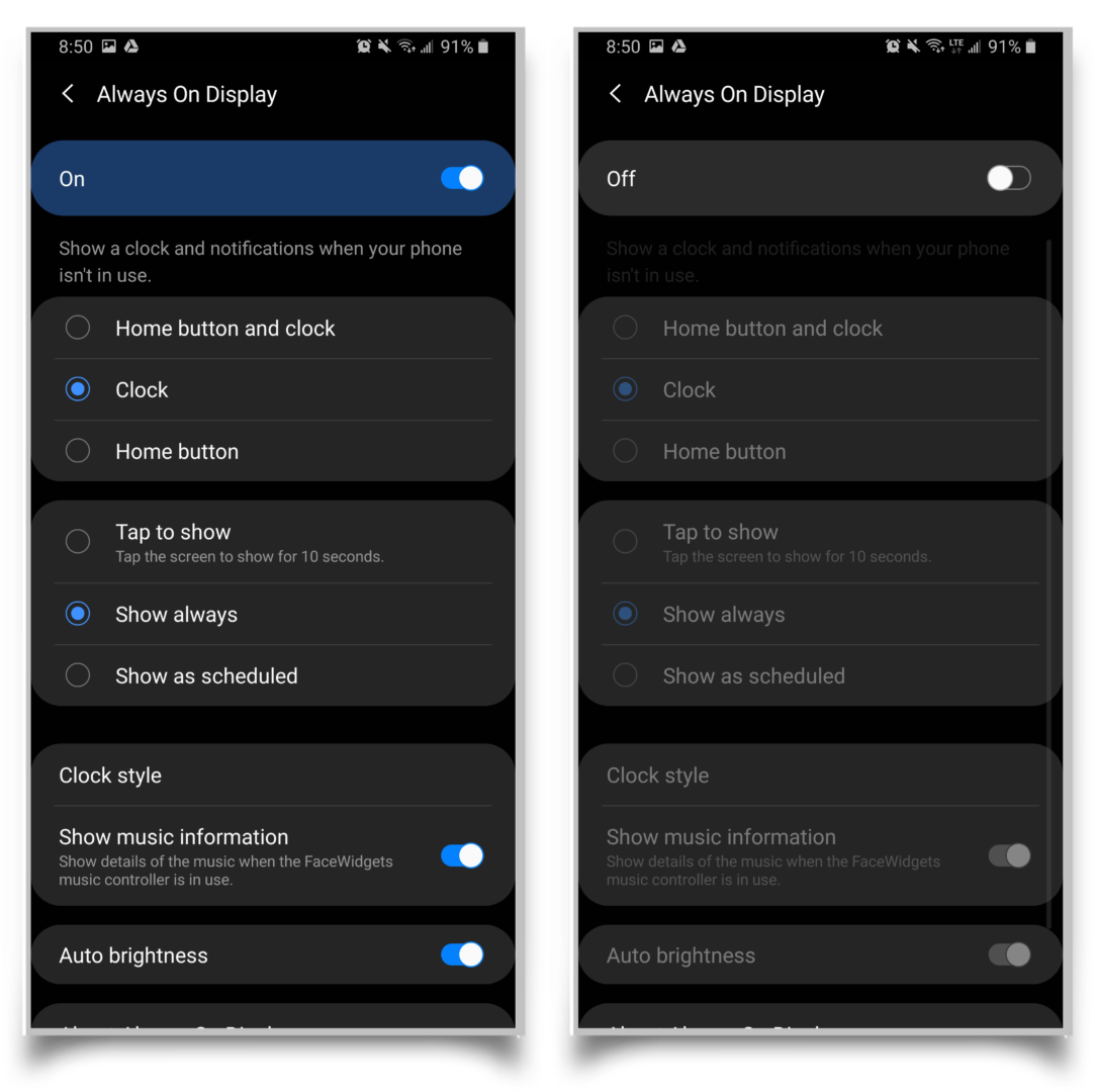 A pair of screenshots showing always on display settings