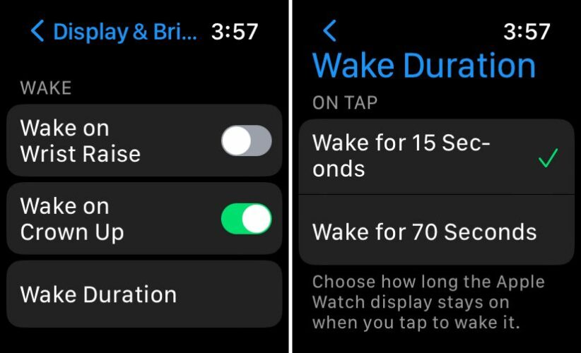 apple watch wake duration 15 seconds