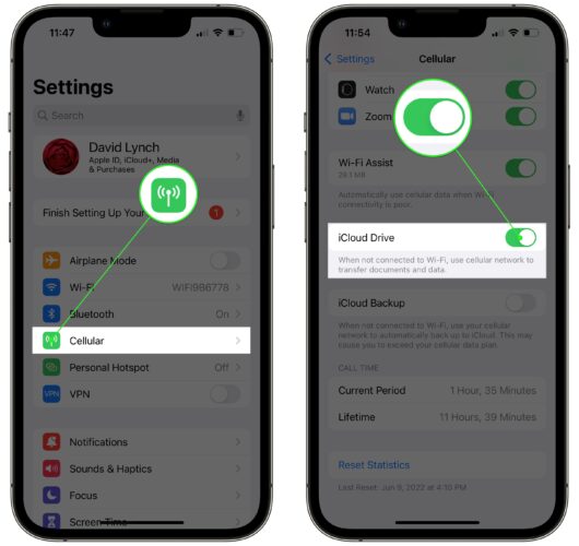 turn on cellular for icloud drive