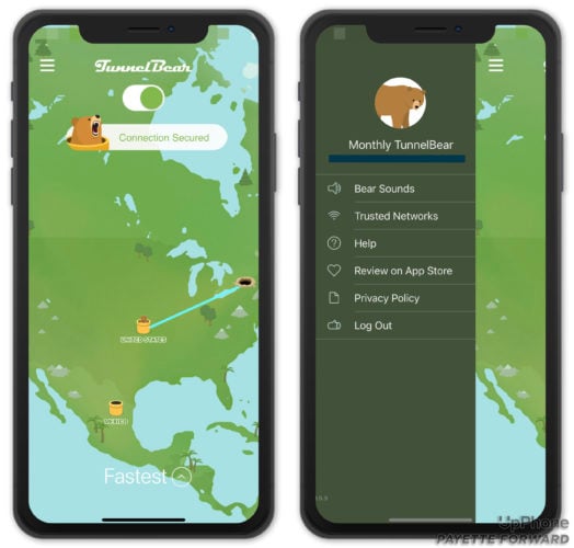 A pair of screenshots showing how tunnelbear works on iPhone