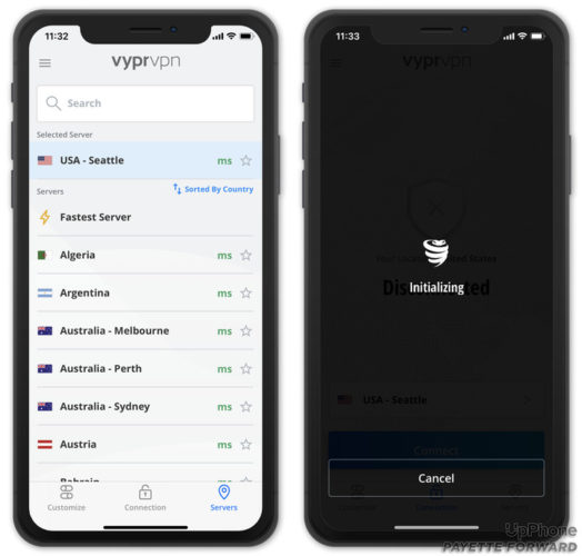 A pair of screenshots showing how VyperVPN works