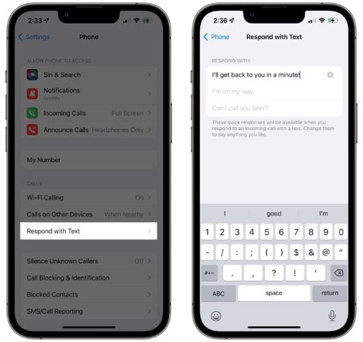 create custom respond with text message on iphone