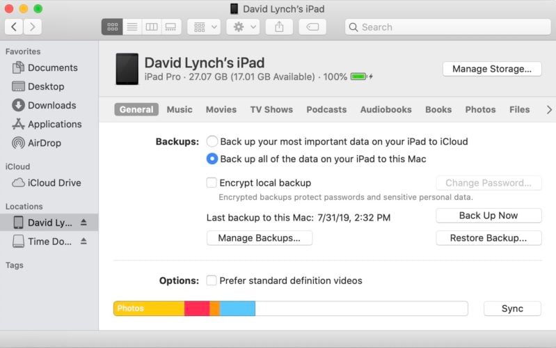 back up ipad using finder