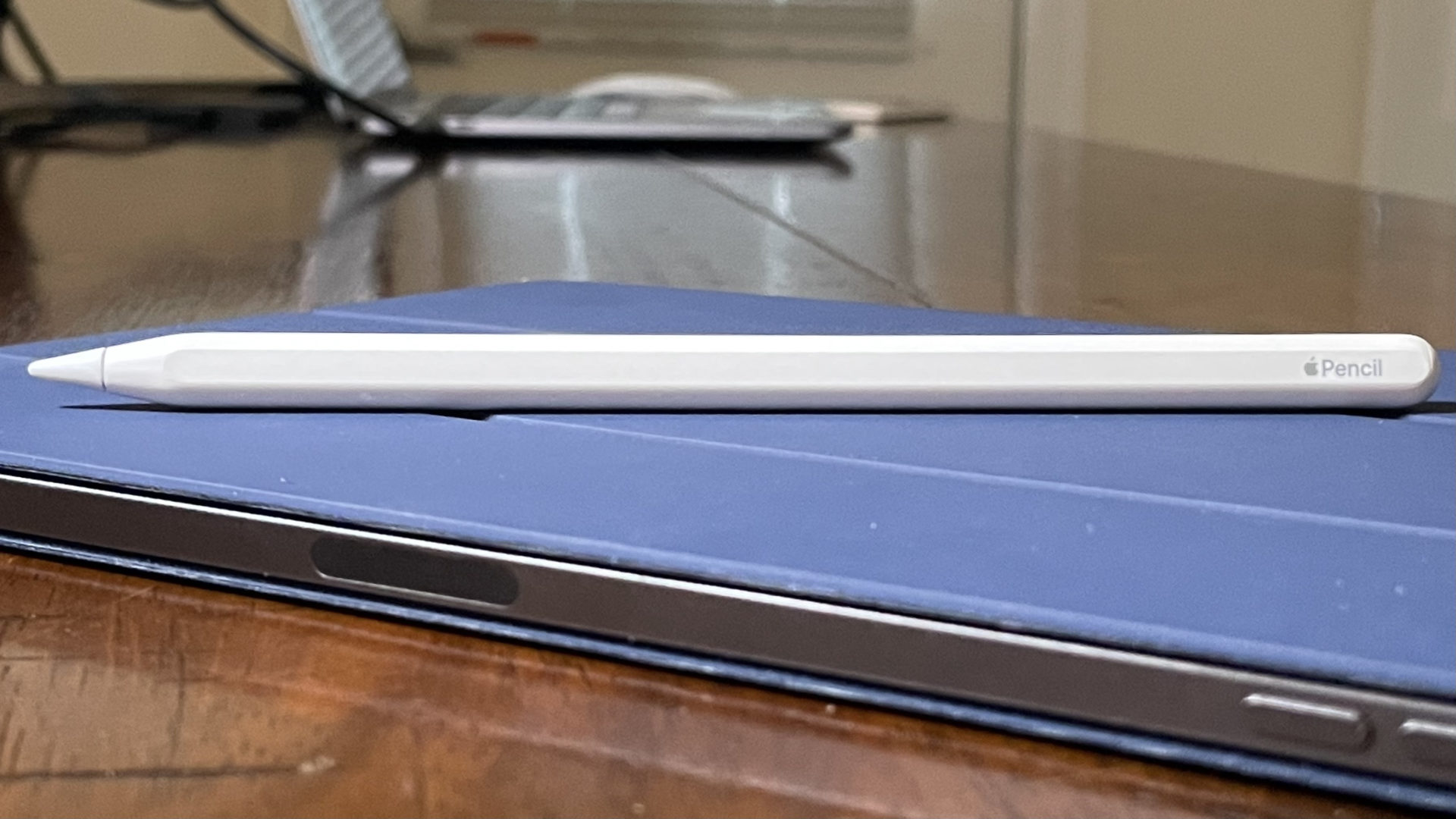 An Apple Pencil sitting on top of an iPad with a blue leather case.