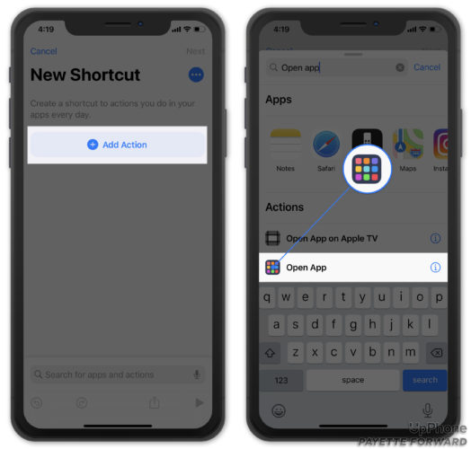 add open app shortcut action