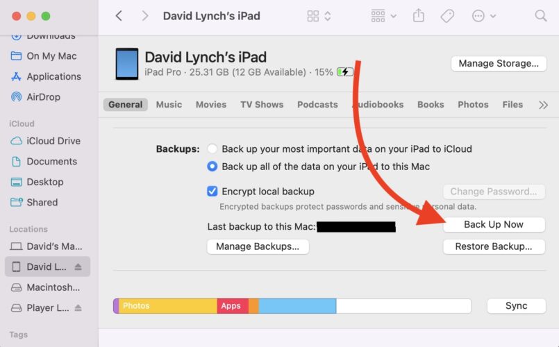 copia de seguridad de iPad en mac usando finder