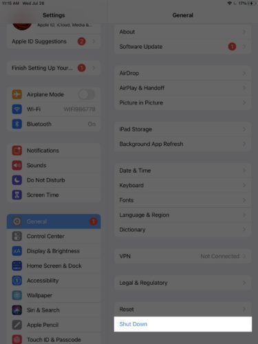 shut down ipad in settings app