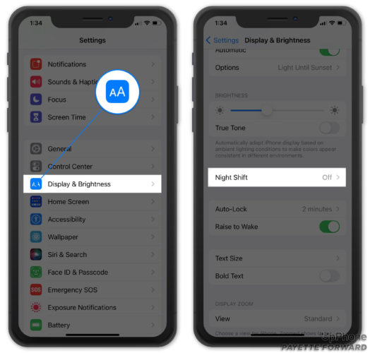 turn on night shift and iphone settings