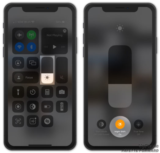 turn on night shift in iphone control center