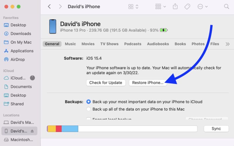 restore iphone using finder