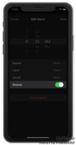 turn on Snooze switch in iPhone Clock app