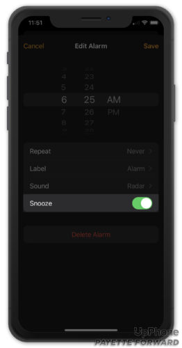 turn on Snooze switch in iPhone Clock app