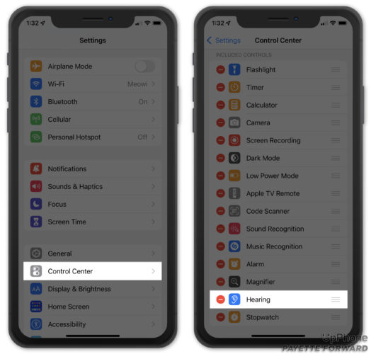 add hearing to iphone control center