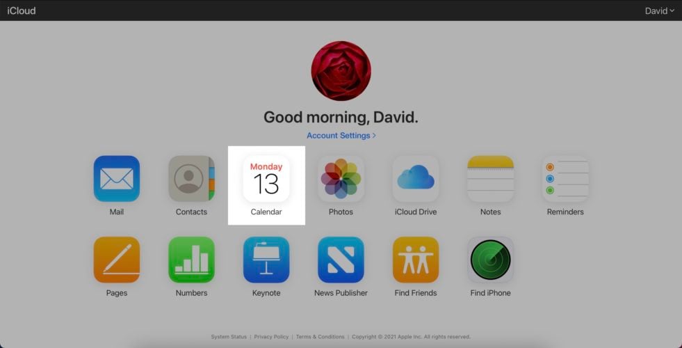 click on calendar app in cloud