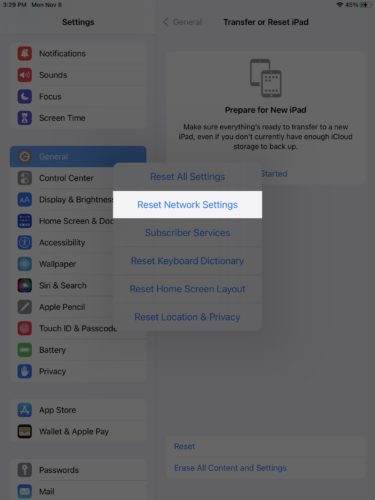 reset network settings ipados 15