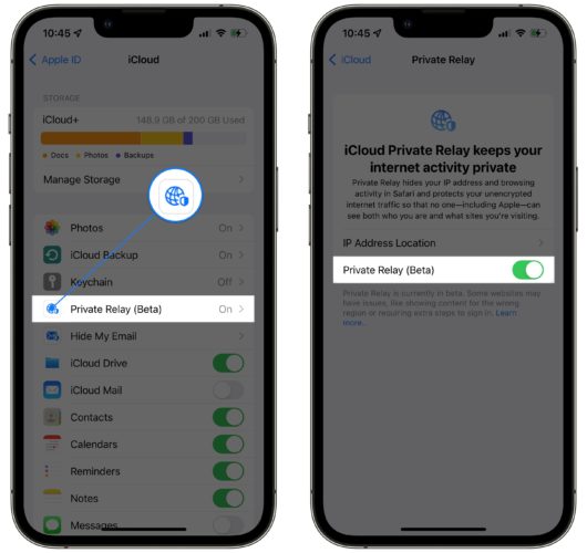 turn on icloud private relay in settings