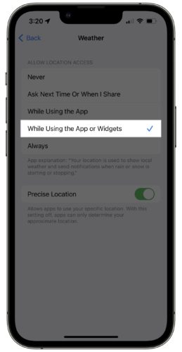 allow app to use location while using the app or widgets