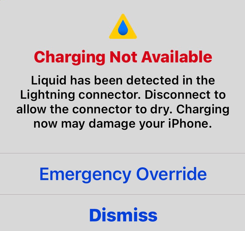 charging not available liquid detected in lightning connector
