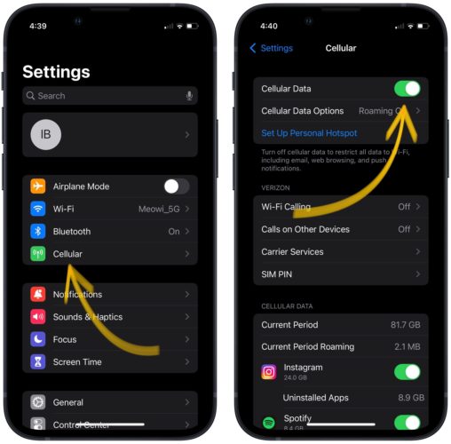 Toggle Cellular Data Switch