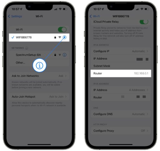 verificar la dirección del router en los ajustes del iphone