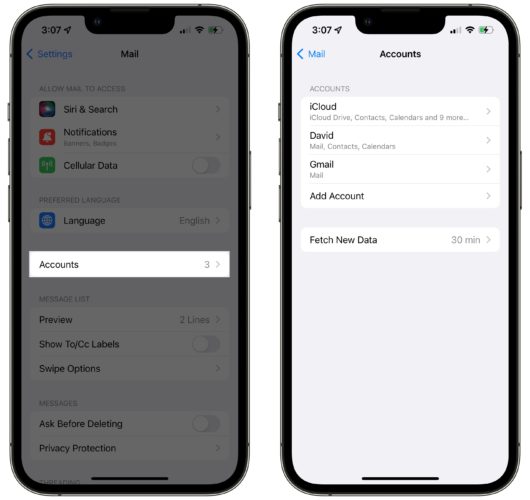choose a mail account in iphone settings