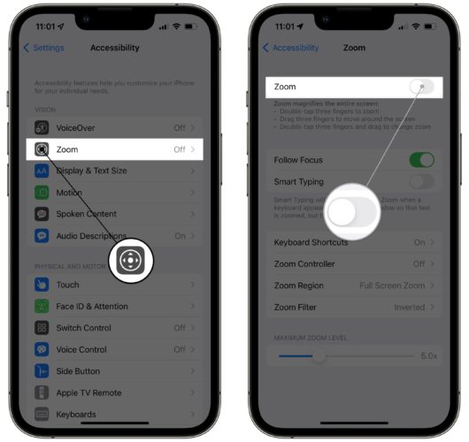 turn off zoom on iphone