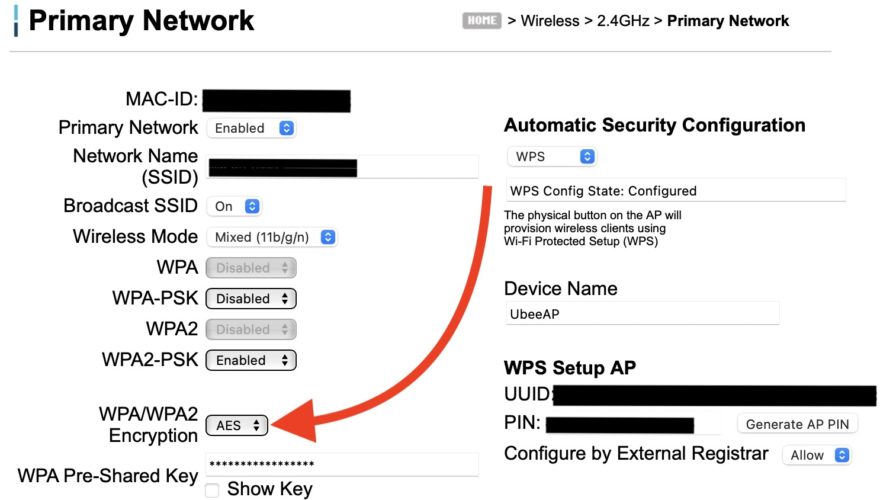 update wifi network encryption to aes