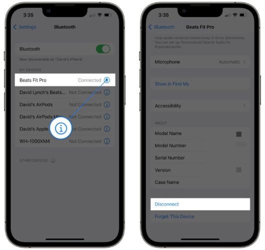 disconnect bluetooth device on iphone