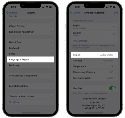 change region iphone settings app