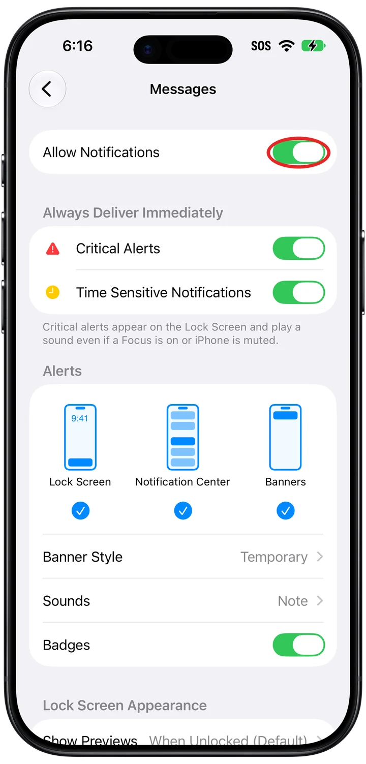 The Messages notification settings with the Allow Notifications switch turned on and marked in red