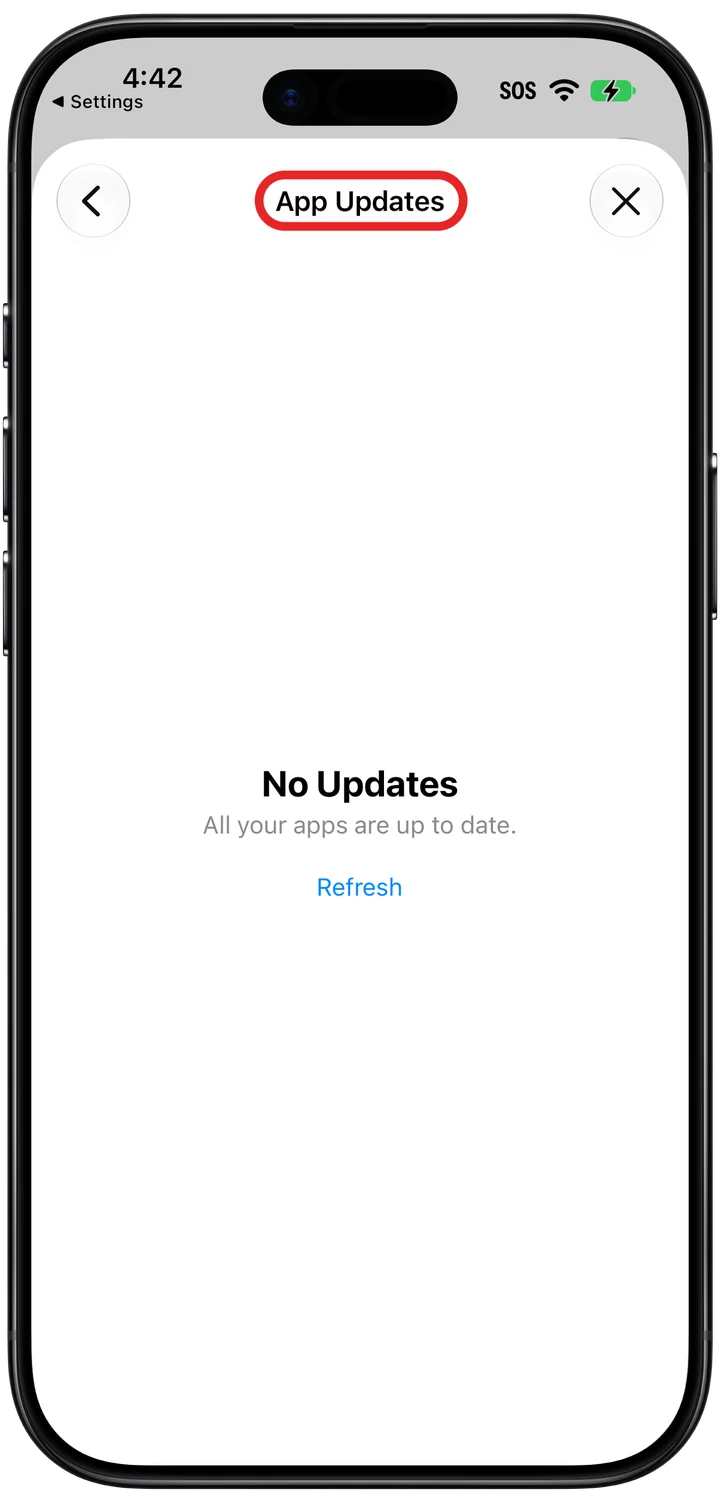 The App Updates screen in the App Store, saying No Updates, with the App Updates title marked in red