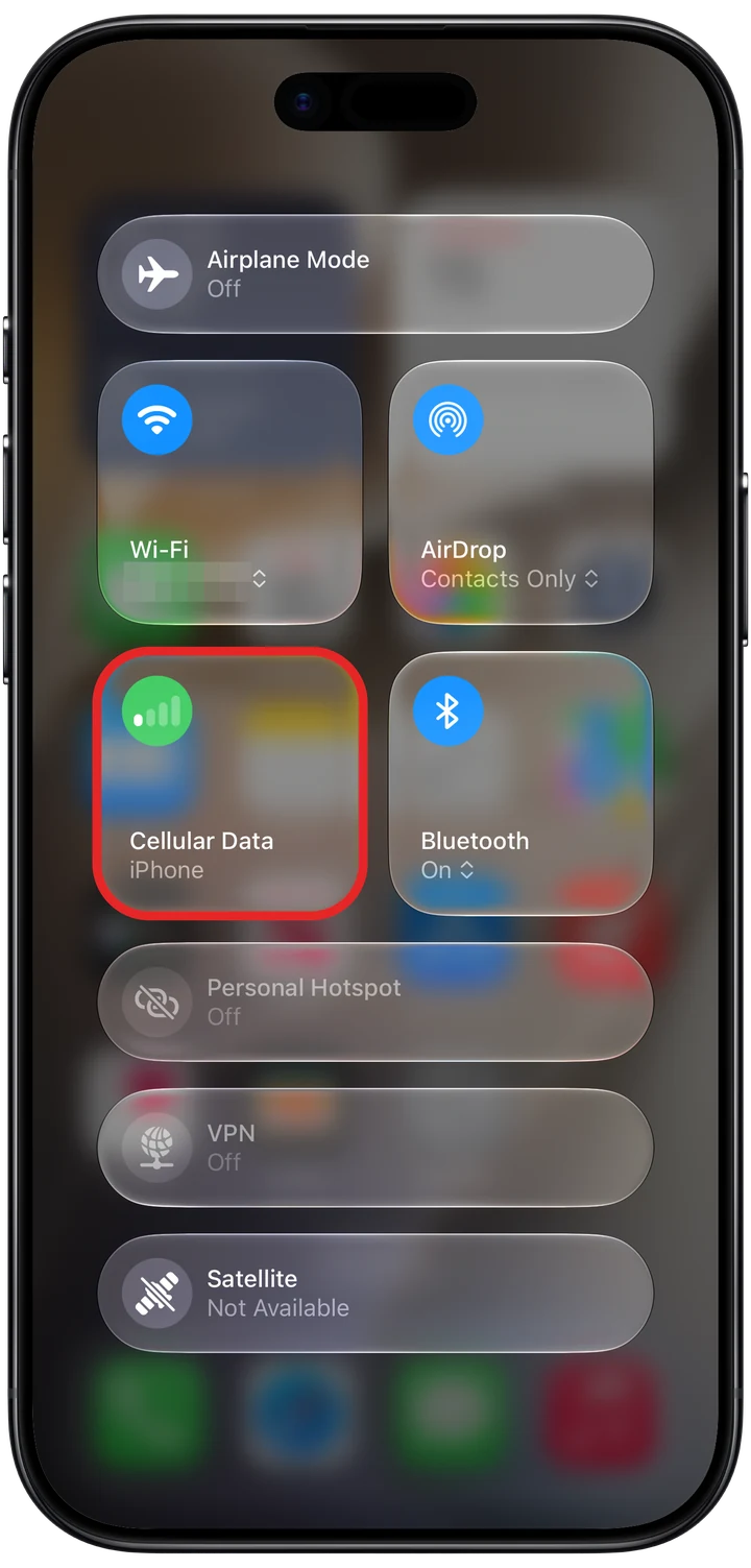 The Control Center connectivity panel with the Cellular Data button marked in red
