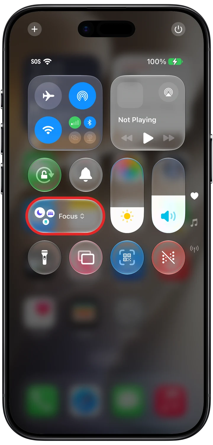 Control Center with the Focus button marked in red
