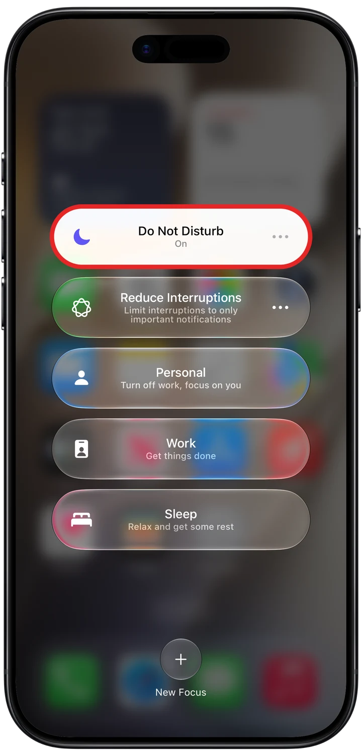 The Focus list with Do Not Disturb marked in red; tap it to turn it off