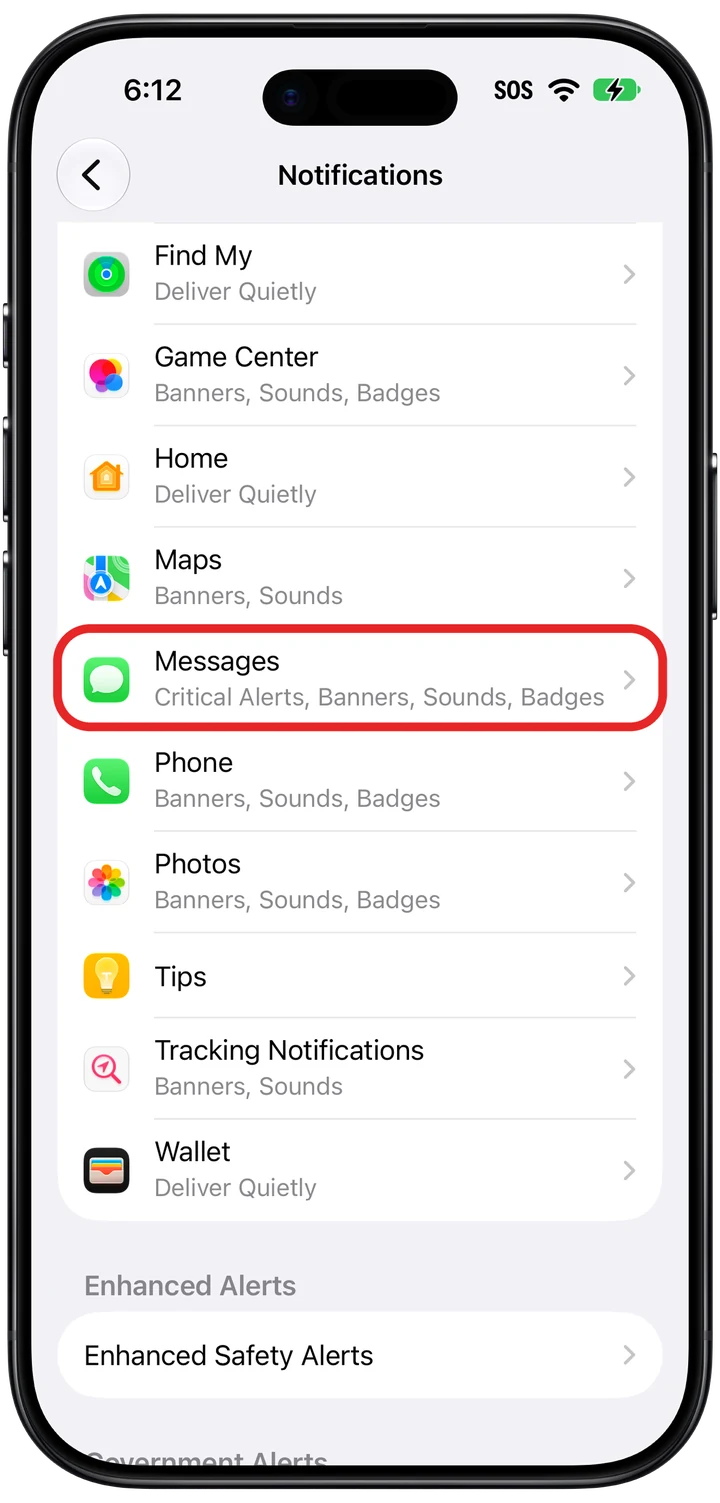 The app list on the Notifications screen with Messages marked in red