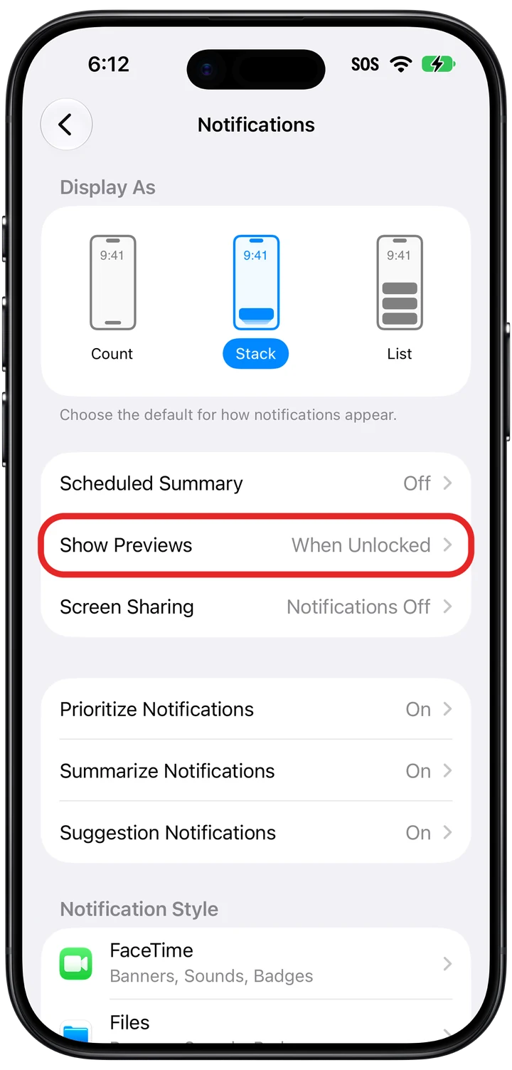 iPhone Settings Notifications screen with the Show Previews row marked in red