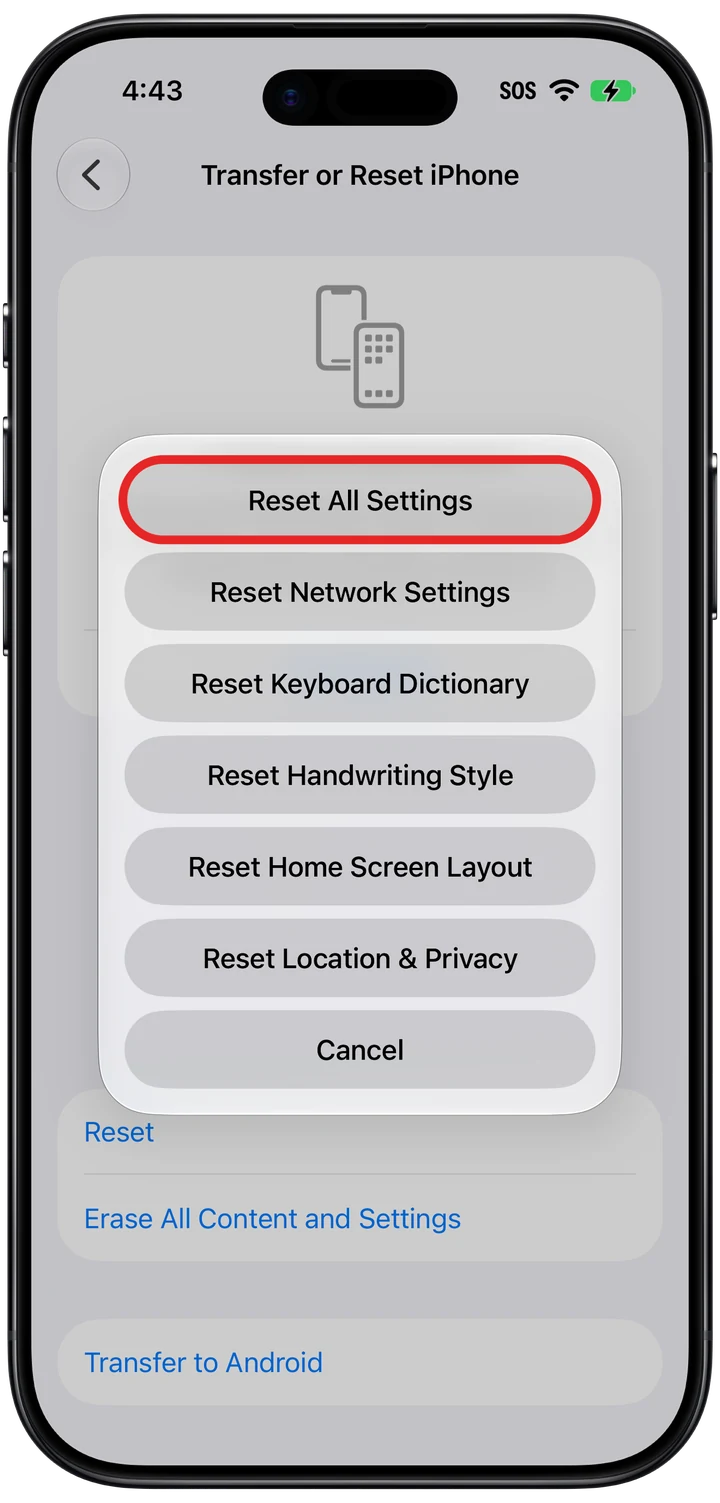 The Reset menu with Reset All Settings marked in red