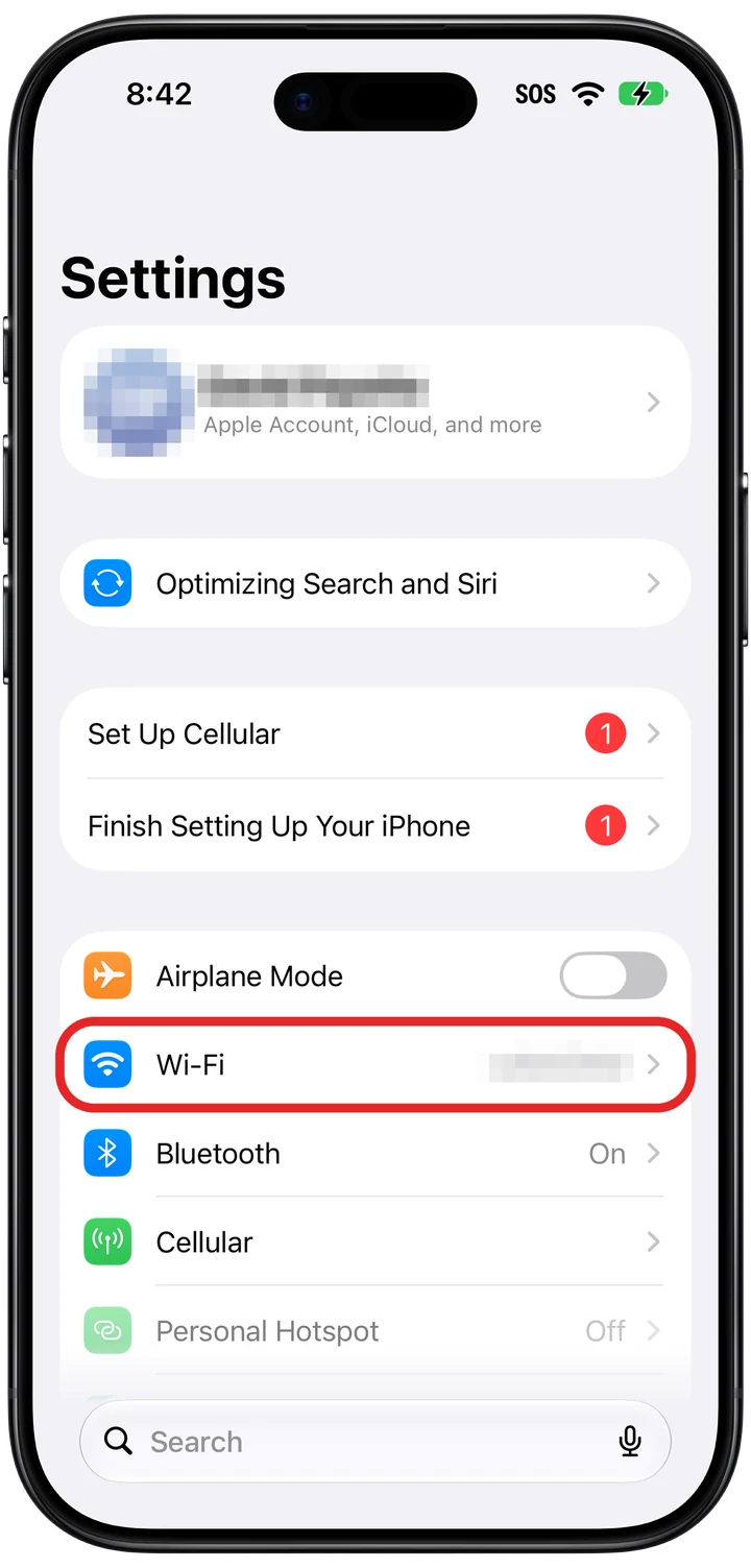 iPhone Settings with the Wi-Fi row marked in red