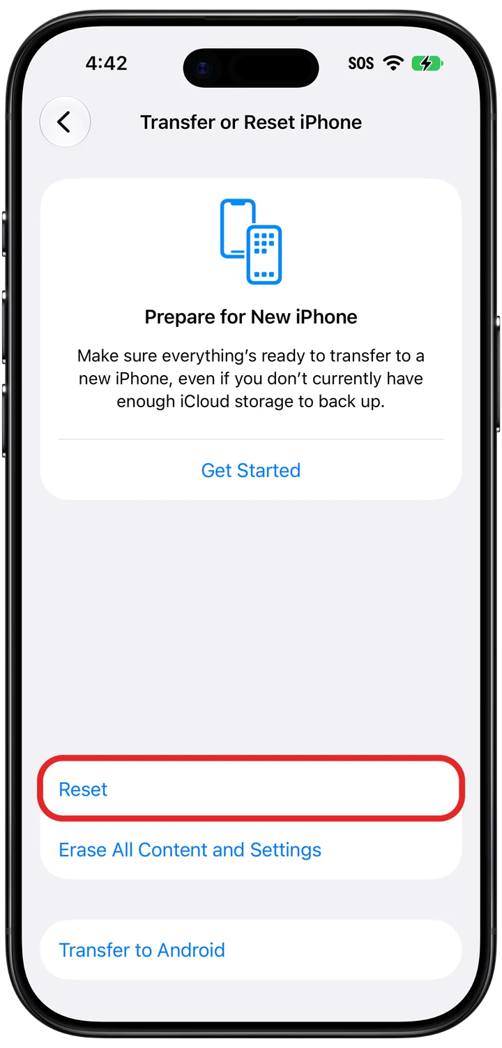The Transfer or Reset iPhone screen with the Reset button marked in red