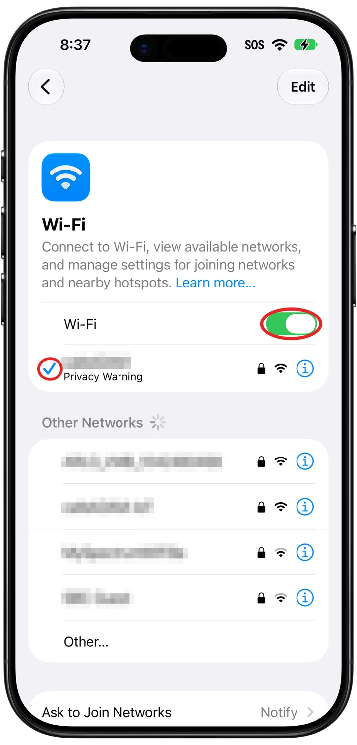 The Wi-Fi screen with the Wi-Fi switch turned on and the check mark next to your connected network marked in red